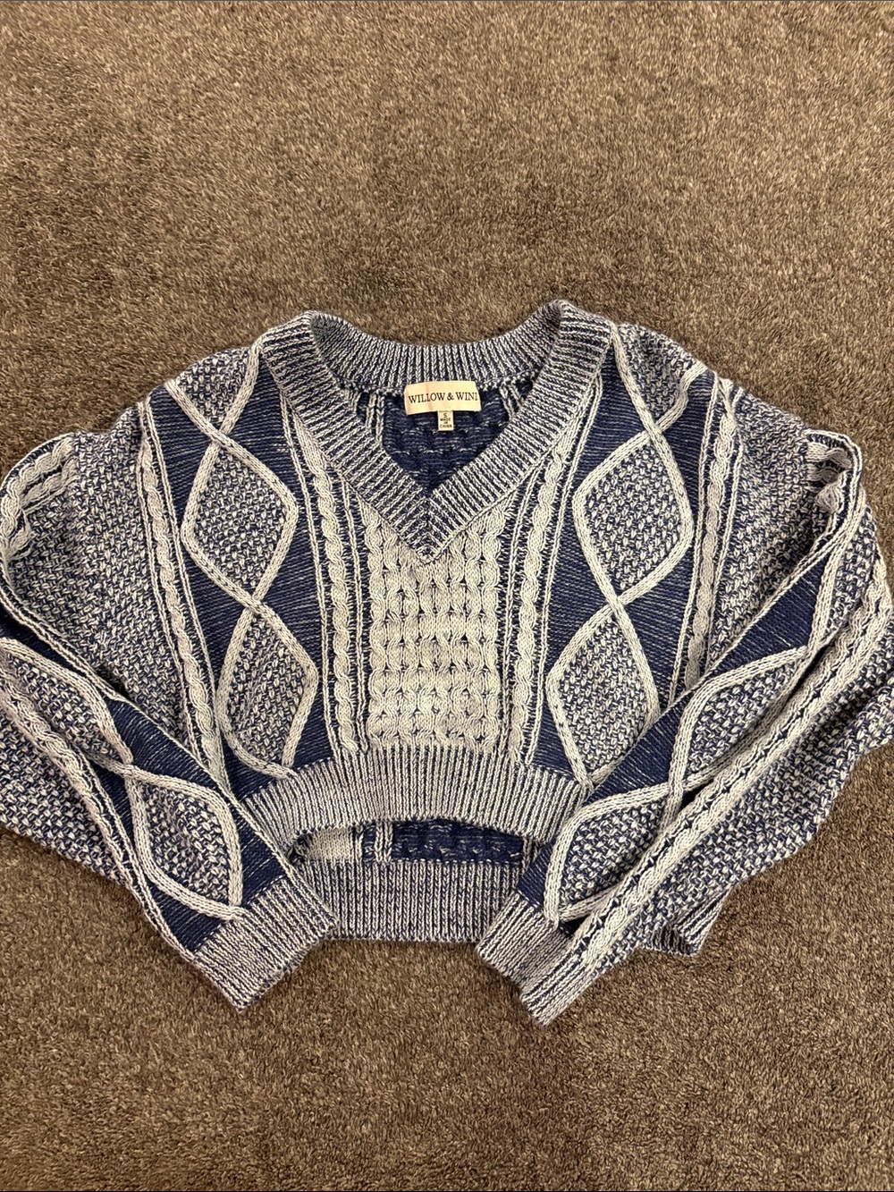 Blue and Cream Cable V-Neck Sweater
